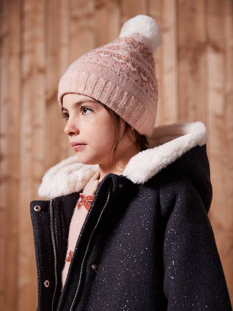 Jacquard babyset muts + snood + wanten/handschoenen voor meisjes ecru+rozen - vertbaudet enfant 