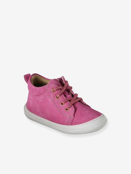 Baby eerste stapjes, veterschoenen van soepel leer bruin+donkerbruin+fuchsia+goudgeel+rozen - vertbaudet enfant 