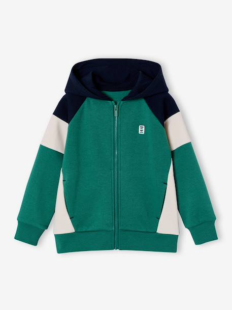 Sweater met rits jongen met capuchon coloblock bordeauxrood+gemêleerd grijs+groen+middenblauw+okergeel - vertbaudet enfant 