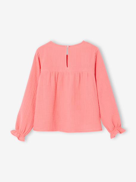 Meisjesblouse met ruches van katoengaas ecru+koraal - vertbaudet enfant 
