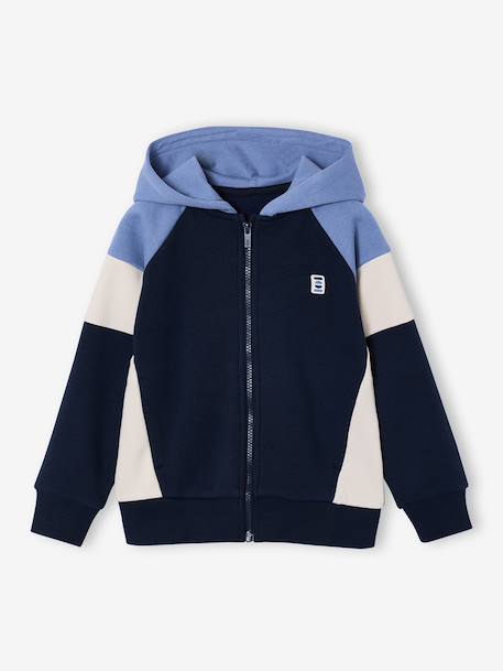 Sweater met rits jongen met capuchon coloblock bordeauxrood+gemêleerd grijs+groen+middenblauw+okergeel - vertbaudet enfant 