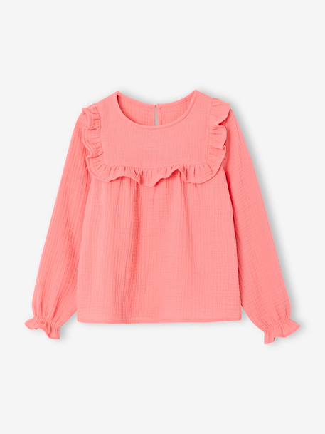 Meisjesblouse met ruches van katoengaas ecru+koraal - vertbaudet enfant 