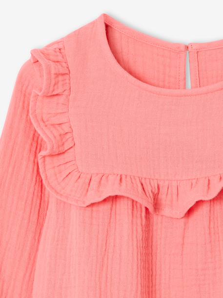 Meisjesblouse met ruches van katoengaas ecru+koraal - vertbaudet enfant 