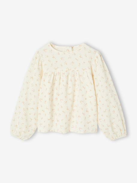 Bedrukte blouse voor meisjes van katoenen gaas ecru - vertbaudet enfant 