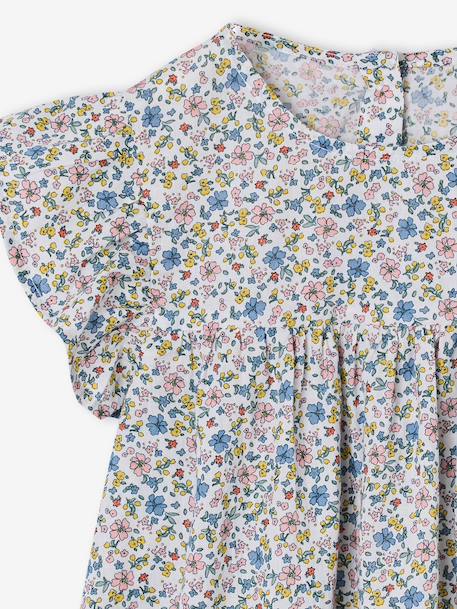 Gebloemde meisjesblouse met korte mouwen en ruches rood, geruit+wit, bedrukt - vertbaudet enfant 