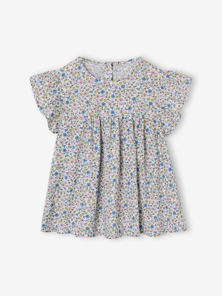 Gebloemde meisjesblouse met korte mouwen en ruches rood, geruit+wit, bedrukt - vertbaudet enfant 