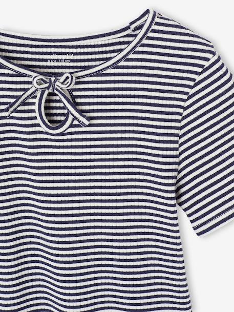 T-shirt voor meisjes met een fantasieknoop blauw, gestreept+geel - vertbaudet enfant 