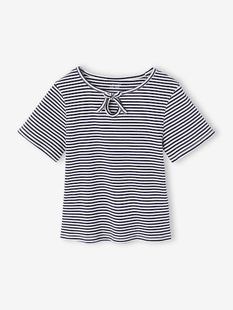 T-shirt voor meisjes met een fantasieknoop blauw, gestreept+geel - vertbaudet enfant 