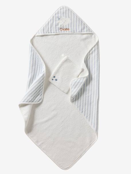 Personaliseerbare badcape + washandje IN DE WOLKEN blauw, gestreept - vertbaudet enfant 