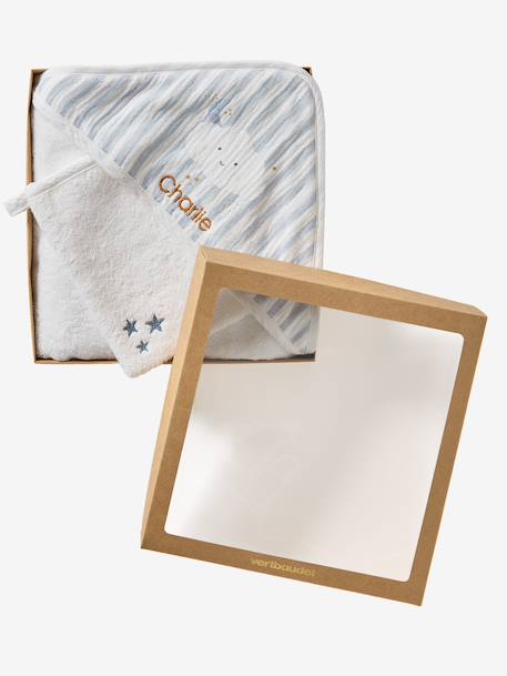 Personaliseerbare badcape + washandje IN DE WOLKEN blauw, gestreept - vertbaudet enfant 