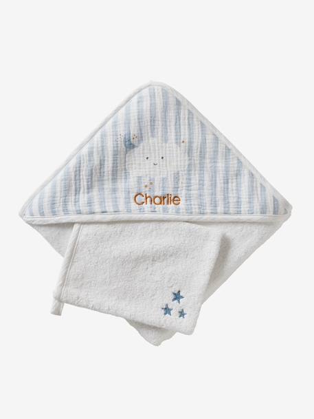 Personaliseerbare badcape + washandje IN DE WOLKEN blauw, gestreept - vertbaudet enfant 