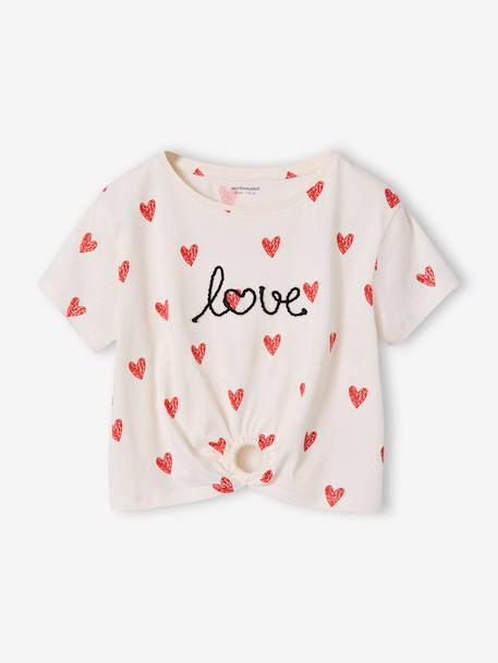 T-shirt voor meisjes met een sierlijke strikdetail blauw, gestreept+ecru+rood - vertbaudet enfant 