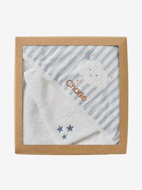 Personaliseerbare badcape + washandje IN DE WOLKEN blauw, gestreept - vertbaudet enfant 