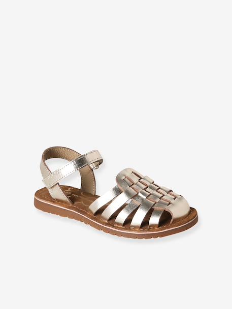 Kindersandalen van leer met klittenband, collectie kleuterschool ecru+goud - vertbaudet enfant 