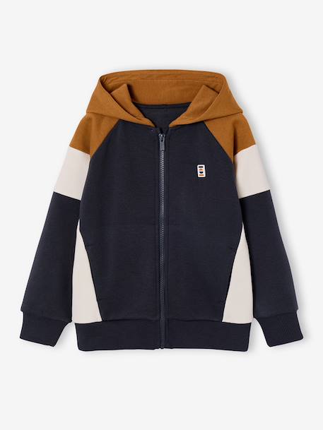 Sweater met rits jongen met capuchon coloblock bordeauxrood+gemêleerd grijs+groen+middenblauw+okergeel - vertbaudet enfant 