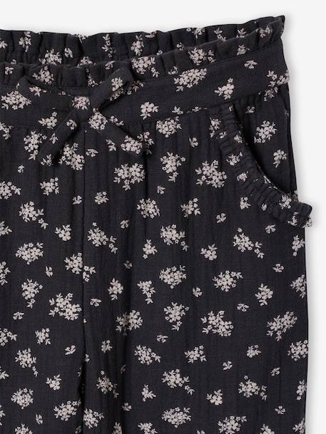 Driekwartsbroek voor meisjes met bloemenprint in katoengaas antraciet+blauw - vertbaudet enfant 