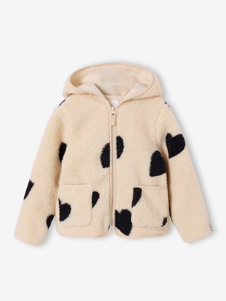Sherpa vest met capuchon en bloemenprint voor meisjes ecru+vanille+zachtpaars - vertbaudet enfant 