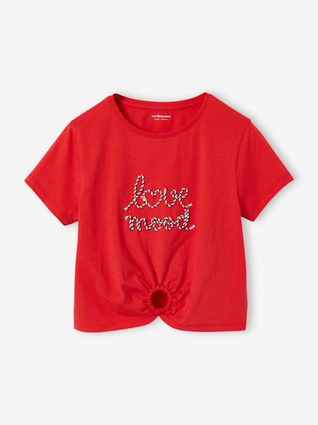 T-shirt voor meisjes met een sierlijke strikdetail blauw, gestreept+ecru+rood - vertbaudet enfant 