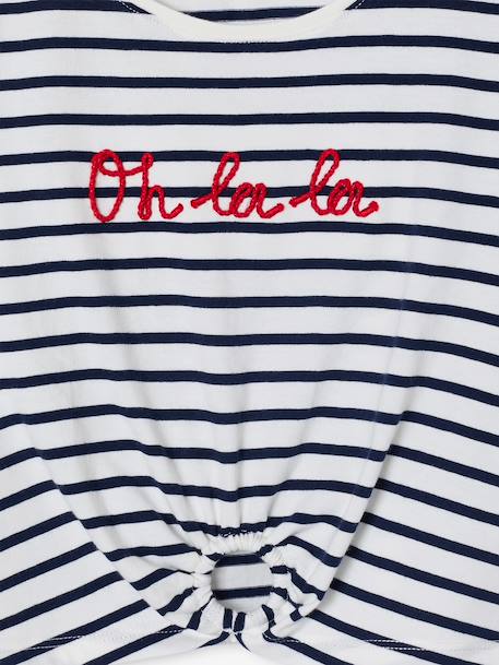 T-shirt voor meisjes met een sierlijke strikdetail blauw, gestreept+ecru+rood - vertbaudet enfant 