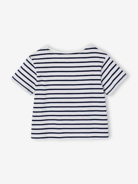 T-shirt voor meisjes met een sierlijke strikdetail blauw, gestreept+ecru+rood - vertbaudet enfant 
