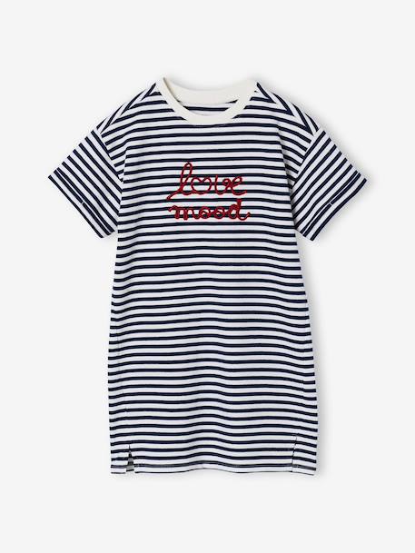 Meisjesjurk in lichte fleece met aangebracht motief blauw, gestreept+gemêleerd grijs+groen+saliegroen - vertbaudet enfant 