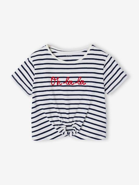 T-shirt voor meisjes met een sierlijke strikdetail blauw, gestreept+ecru+rood - vertbaudet enfant 