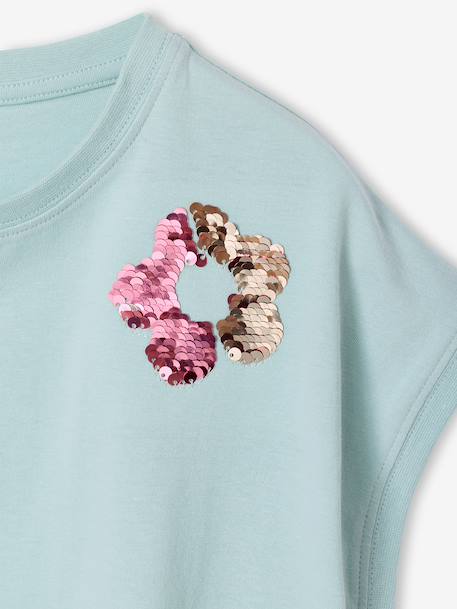 T-shirt voor meisjes met paillettenmotieven blauwgroen+ecru+lila - vertbaudet enfant 