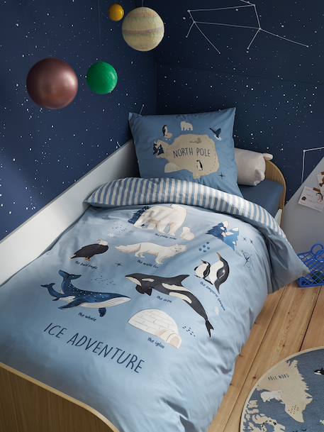 Bedset dekbedovertrek + kussensloop voor kinderen PÔLE NORD, met gerecycled katoen oceaanblauw - vertbaudet enfant 