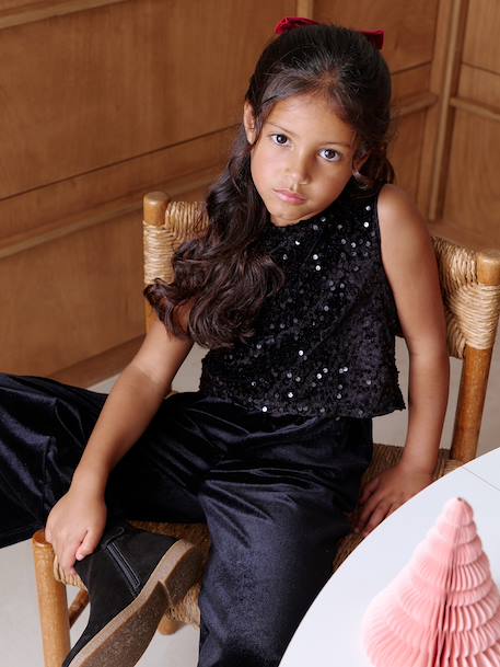 Fluwelen jumpsuit met pailletten voor meisjes zwart - vertbaudet enfant 