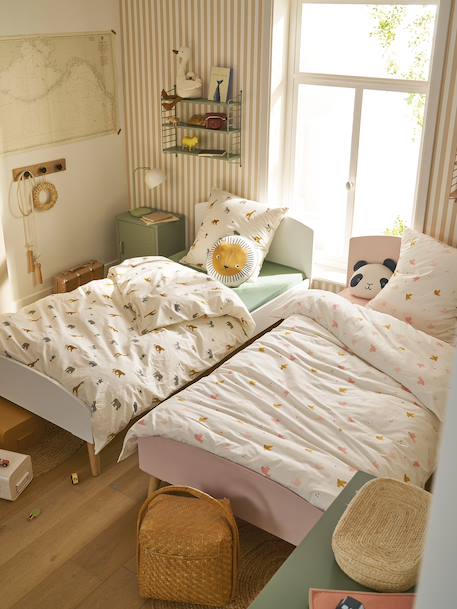 Bedset dekbedovertrek + kussensloop essentials voor kinderen WILD ANIMALS, met gerecycled katoen wit, bedrukt - vertbaudet enfant 