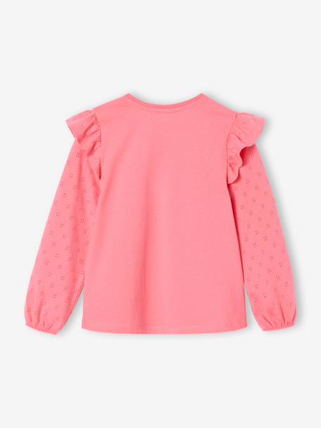 T-shirt BASICS met lange mouwen en ruches voor meisjes ecru+rozen - vertbaudet enfant 