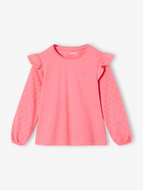 T-shirt BASICS met lange mouwen en ruches voor meisjes ecru+rozen - vertbaudet enfant 