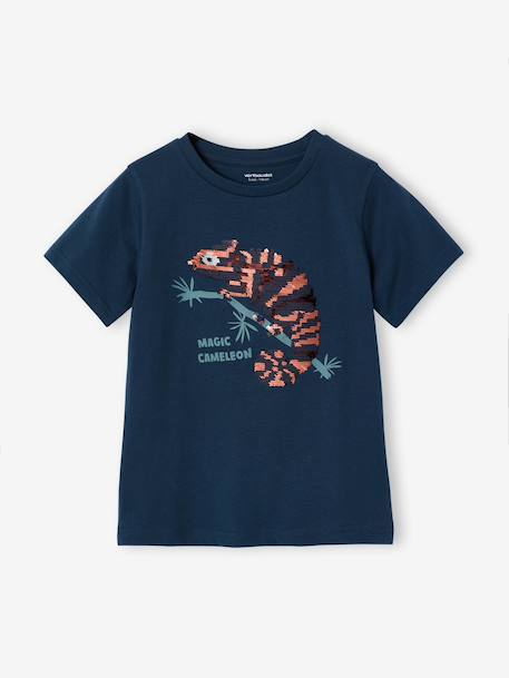 Jongensshirt met motief in omkeerbare pailletten Basics blauwgroen+ecru+nachtblauw+oceaanblauw+wit - vertbaudet enfant 