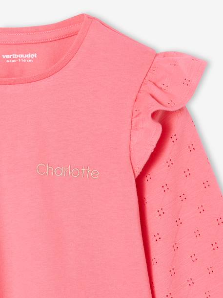 T-shirt BASICS met lange mouwen en ruches voor meisjes ecru+rozen - vertbaudet enfant 