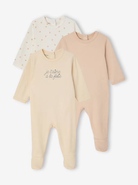 Set van 3 pyjama's baby van biologisch katoen beige+ecru+saliegroen - vertbaudet enfant 