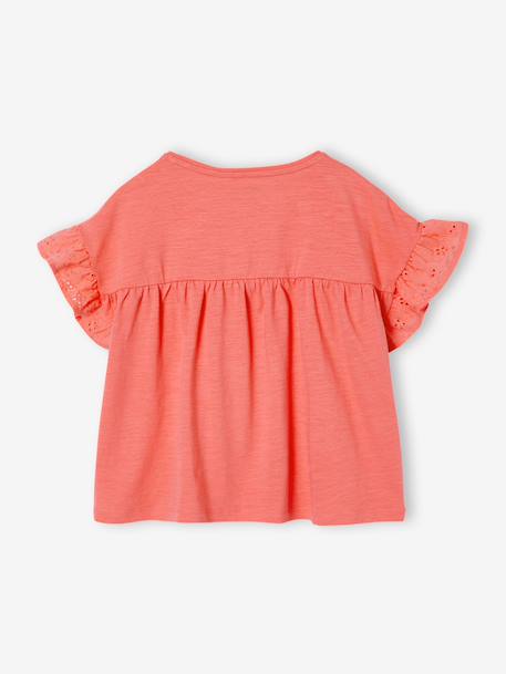 T-shirt meisjes met geborduurde details ecru+kaki+koraal - vertbaudet enfant 