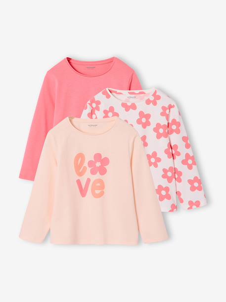 Set van 3 BASICS meisjesshirts met lange mouwen antraciet+ecru+grijsblauw+indigoblauw+koraal+rozen+zachtpaars - vertbaudet enfant 
