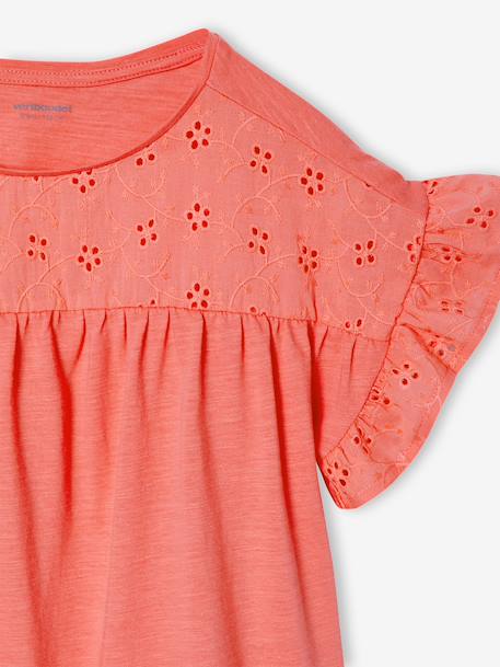 T-shirt meisjes met geborduurde details ecru+kaki+koraal - vertbaudet enfant 