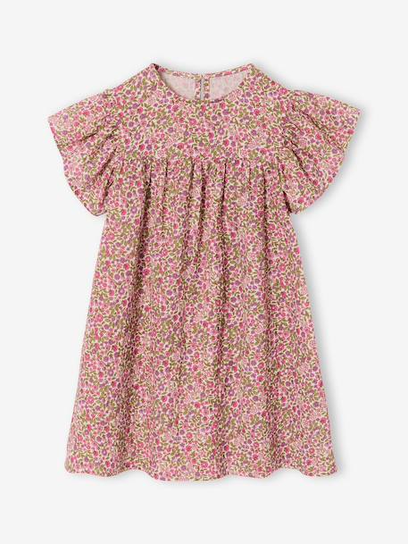 Jurk met bloemenprint van katoenen gaas beige+beige, bedrukt+lichtroze+vanille - vertbaudet enfant 