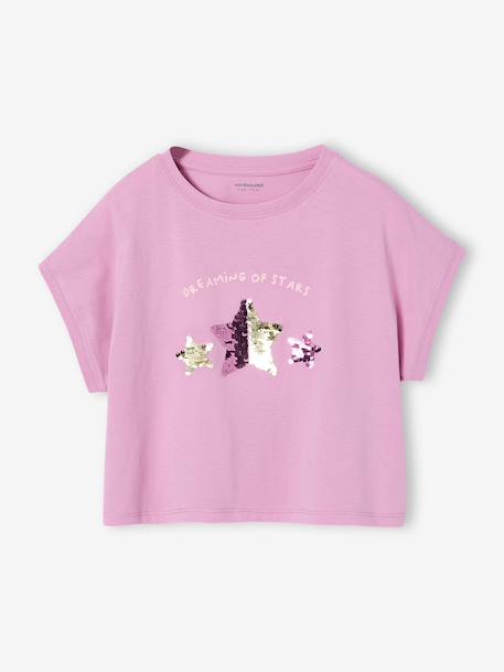 T-shirt voor meisjes met paillettenmotieven blauwgroen+ecru+lila - vertbaudet enfant 
