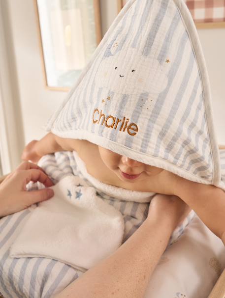 Personaliseerbare badcape + washandje IN DE WOLKEN blauw, gestreept - vertbaudet enfant 