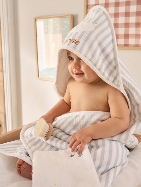 Personaliseerbare badcape + washandje IN DE WOLKEN blauw, gestreept - vertbaudet enfant 