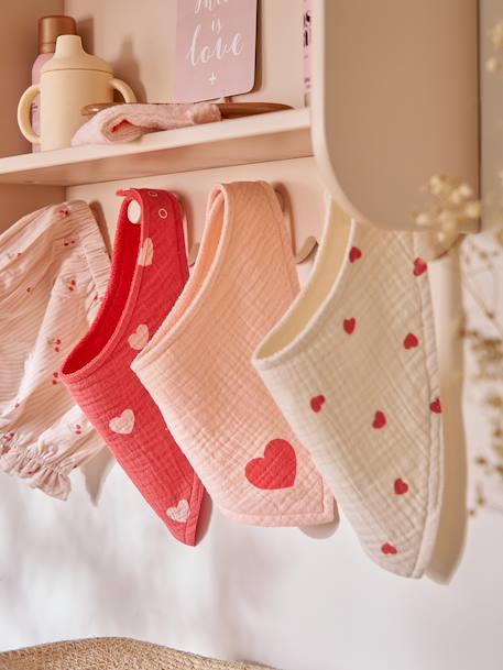 Set met 3 slabbetjes van katoengaas beige, bedrukt+ecru+grijsblauw+lichtroze+saliegroen+set groene panda+set vos+touw+veel beige+WIT - vertbaudet enfant 
