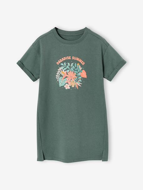 Meisjesjurk in lichte fleece met aangebracht motief blauw, gestreept+gemêleerd grijs+groen+saliegroen - vertbaudet enfant 