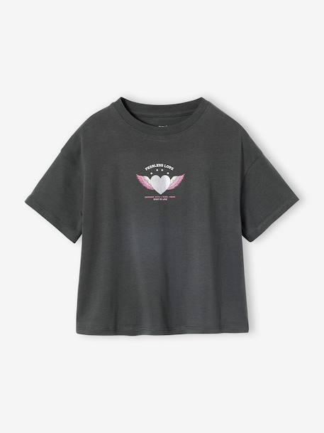 Bedrukt meisjesshirt met korte mouwen antraciet+beige+lichtgeel+zandbeige - vertbaudet enfant 