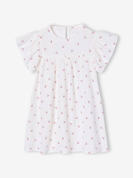 Jurk met bloemenprint van katoenen gaas beige+beige, bedrukt+lichtroze+vanille - vertbaudet enfant 