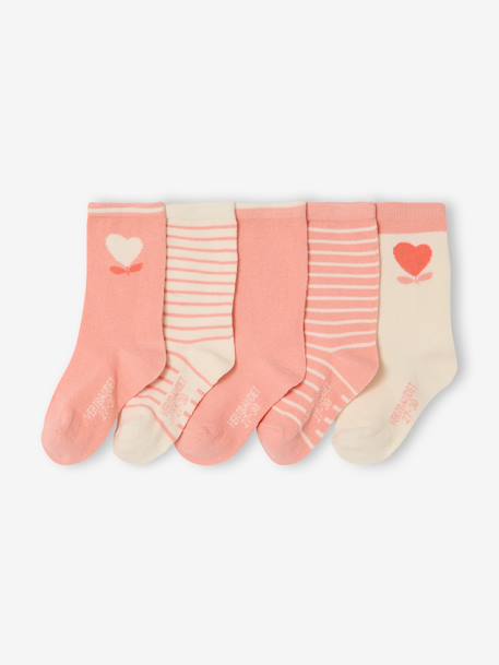 Set van 5 paar meisjessokken met hartjes abrikoos+beige+chambrayblauw+zachtpaars - vertbaudet enfant 