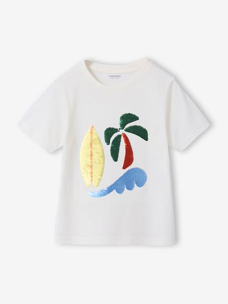 Jongensshirt met motief in omkeerbare pailletten Basics blauwgroen+ecru+nachtblauw+oceaanblauw+wit - vertbaudet enfant 