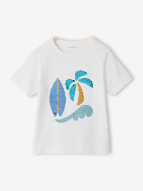 Jongensshirt met motief in omkeerbare pailletten Basics blauwgroen+ecru+nachtblauw+oceaanblauw+wit - vertbaudet enfant 
