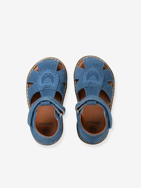 Gesloten sandalen met klittenband van leer voor baby's jeansblauw+zandbeige - vertbaudet enfant 